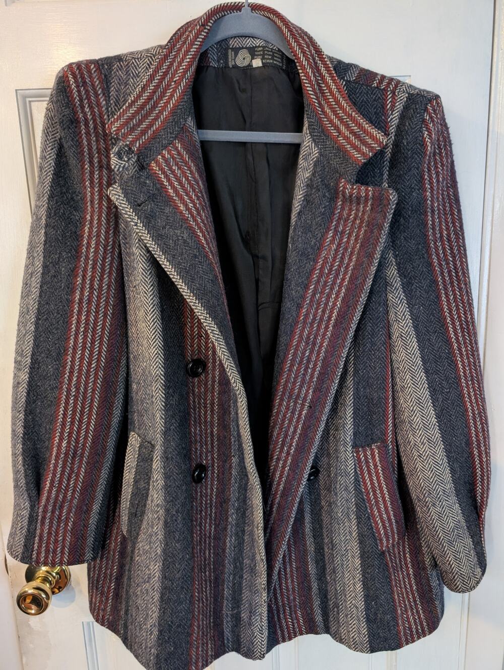 VTG Herringbone Striped Wool Blend Pea Coat Gray Red Mandarin Collar Sz 13 (Med)